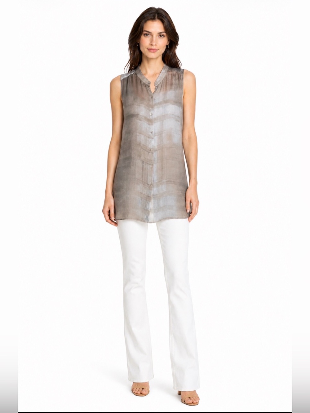 Eileen Fisher 100% Silk Oxidized Printed Silk Georgette Bone Shirt Size S